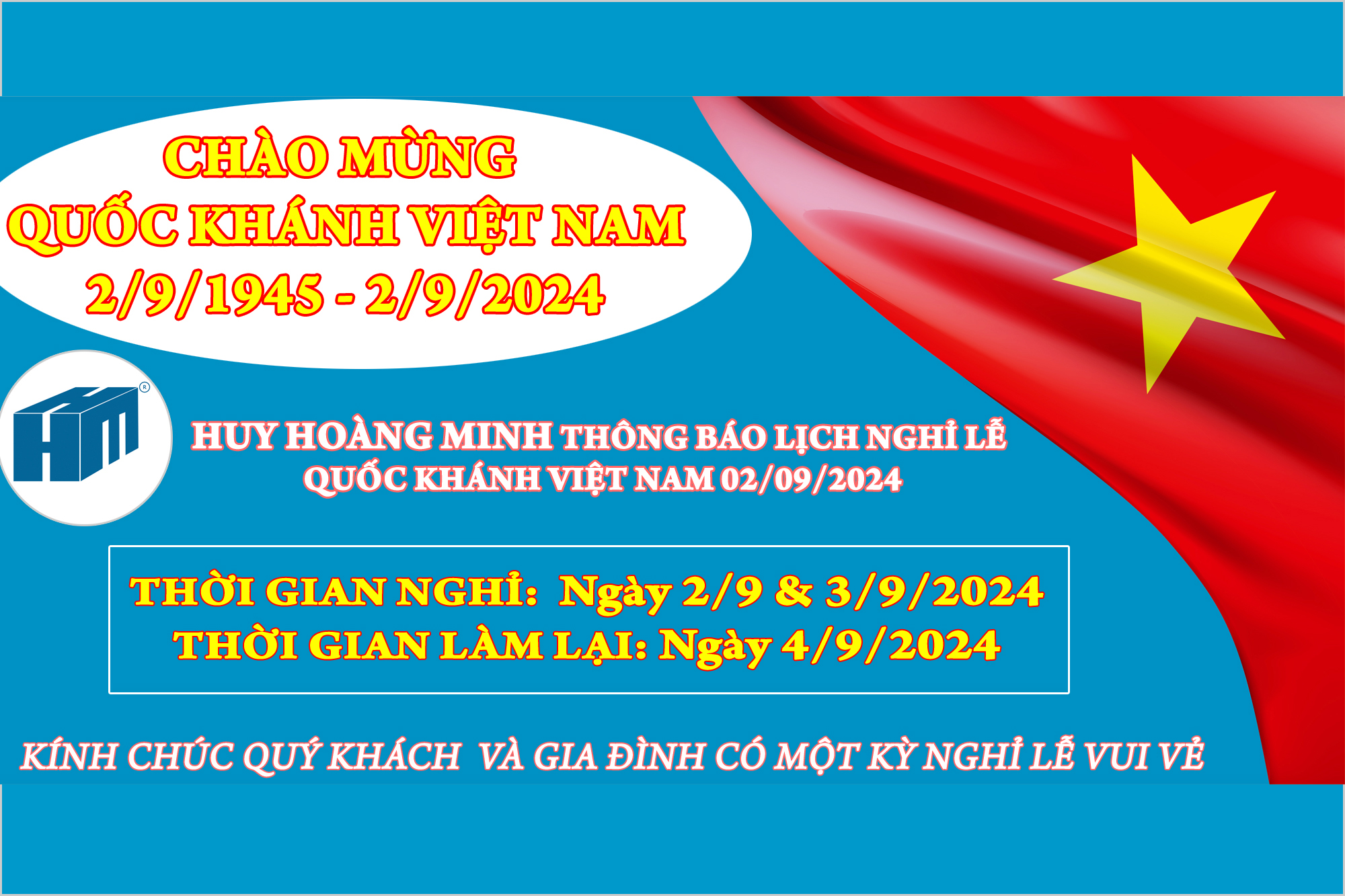 HUY HOÀNG MINH thông báo lịch nghỉ lễ quốc khánh 2/9/2024